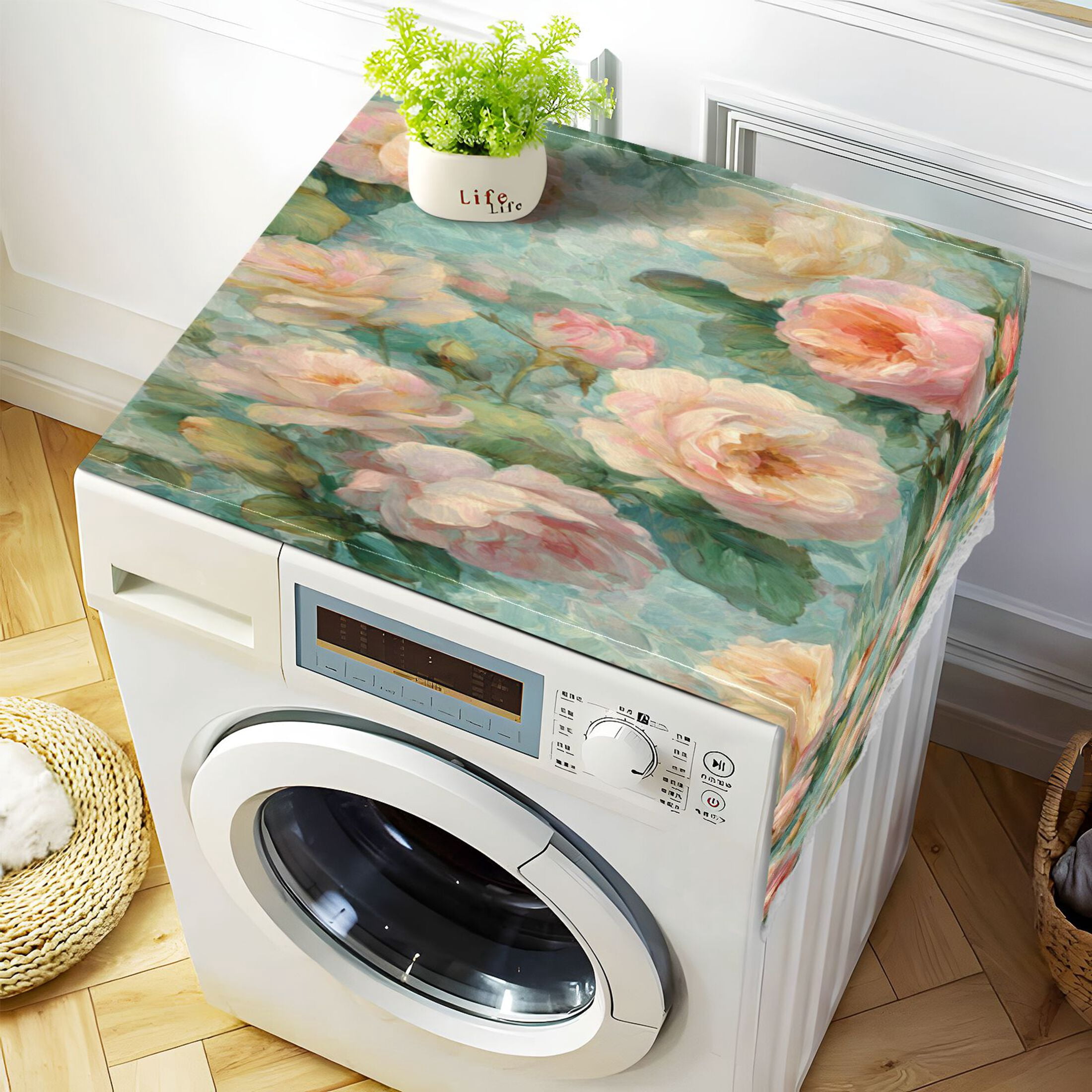 Wobogo Powder Green Rose Washing Machine Cover Dustproof Washer Dryer Cover Waterproof Laundry Room Decorative Protector