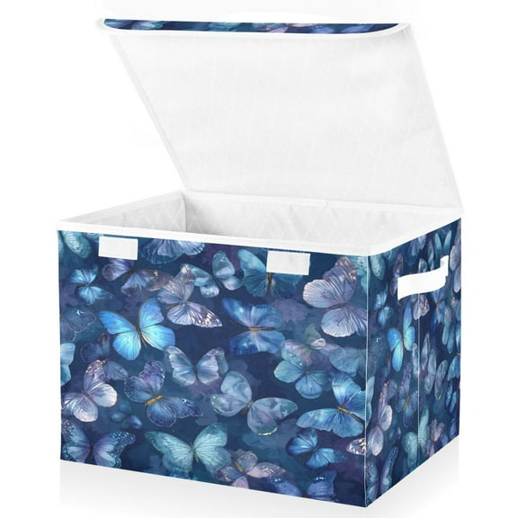 Wobogo Pretty Blue Butterfly Large Collapsible Storage Box Flip Lid Fabric Decorative Organizer Container Basket with Handles 16.512.611.8in