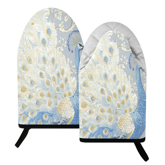 Wobogo Pretty Blue Peacock Heat Resistant Oven Mitts Quilted Cotton Kitchen Gloves with Hanging Loop for Cooking BBQ Microwave