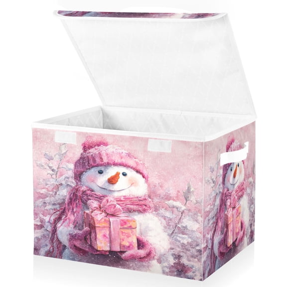 Wobogo Pretty Pink Snowman Large Collapsible Storage Box Flip Lid Fabric Decorative Organizer Container Basket with Handles 16.512.611.8in