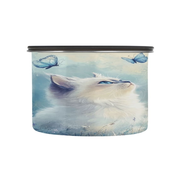 Wobogo Pretty White Ragdoll Cat Food Storage Jars 304 Food Grade Stainless Steel Canisters With Vacuum Airtight Lids for Coffee Snacks Nuts Cereal 500ML