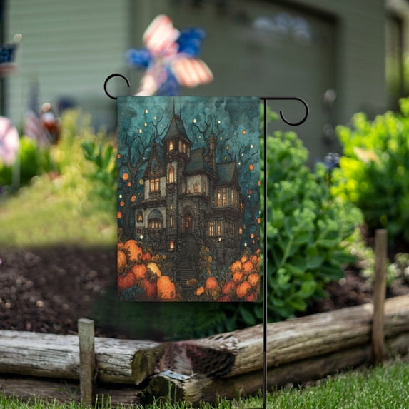 Wobogo Pumpkin Castle Garden Flag 28×40 Inch Double Sided For Outdoor Yard Decoration
