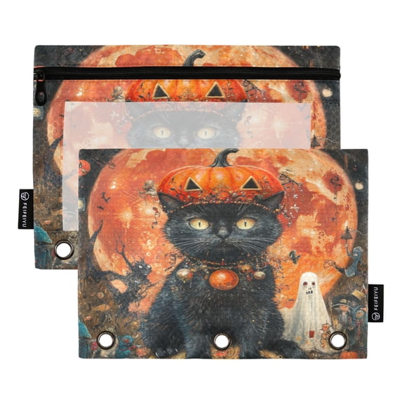 Wobogo Pumpkin Element Black Cat Pencil Pouch with 3 Ring Binder Holes Set of 2 for Learning Tools