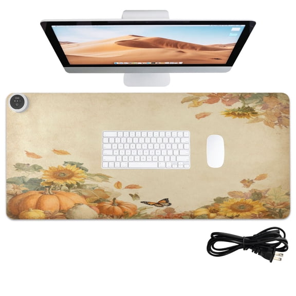 Wobogo Pumpkin Fall Heated Mouse Pad Extra-Large Desk Mat With 3 Heating Levels and 3-hour Auto Shut-Off Protection Ideal for Computer Keyboards Home Office Hand-warming Essential 31.5in 13in