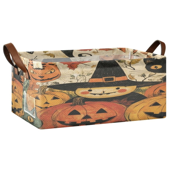 Wobogo Pumpkin Witch Storage Basket Soccer Plaid Fabric Oversized Collapsible Hoard Box with Metal Iron Frame 16.9×11.4×7.7in
