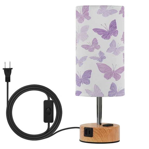 Wobogo Purple Butterfly Bedside Lamp Touch Control Table Lamp with USB A+C Charging Ports & AC Outlet 3-Way Dimmable Nightstand Lamp with Linen Fabric Shade for Bedroom Living Room