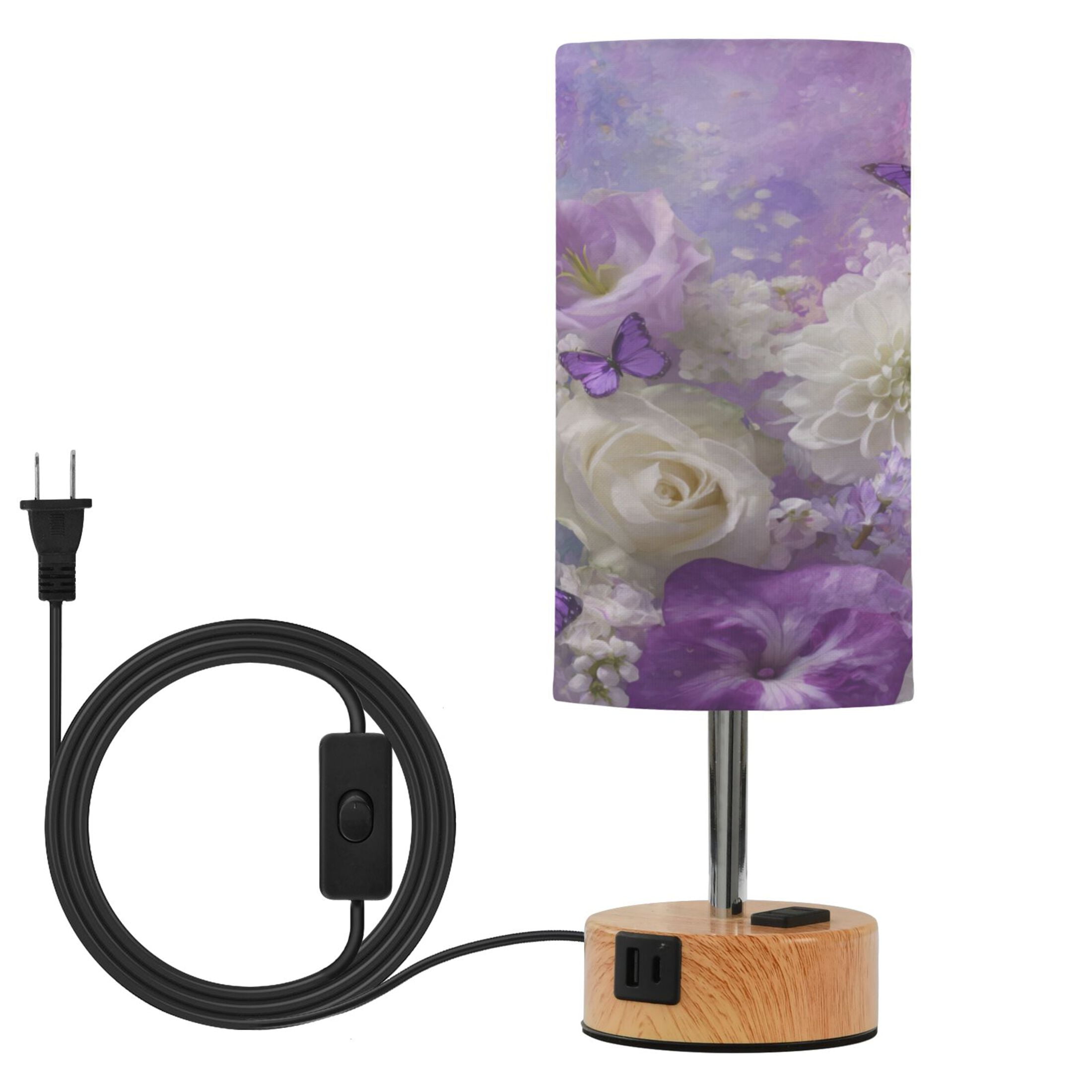 Wobogo Purple Butterfly Floral Bedside Lamp Touch Control Table Lamp with USB A+C Charging Ports & AC Outlet 3-Way Dimmable Nightstand Lamp with Linen Fabric Shade for Bedroom Living Room