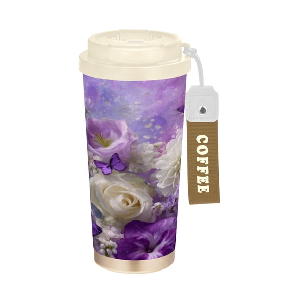 Wobogo Purple Butterfly Floral Double Drinking Coffee Cup Insulated Mug with Food-grade 316 Stainless Steel Beige Lid