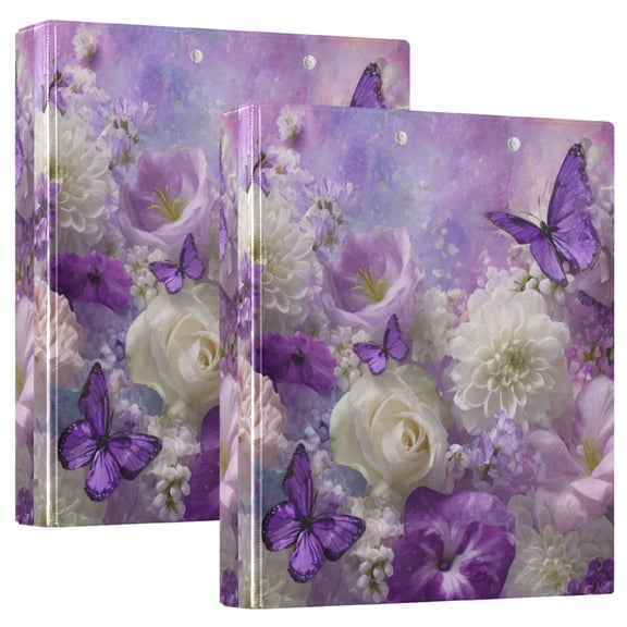 Wobogo Purple Butterfly Floral File Folders Extra Large Capacity to Hold 200 Sheets of Documents Hard Shell Ring Binder for School Home Office