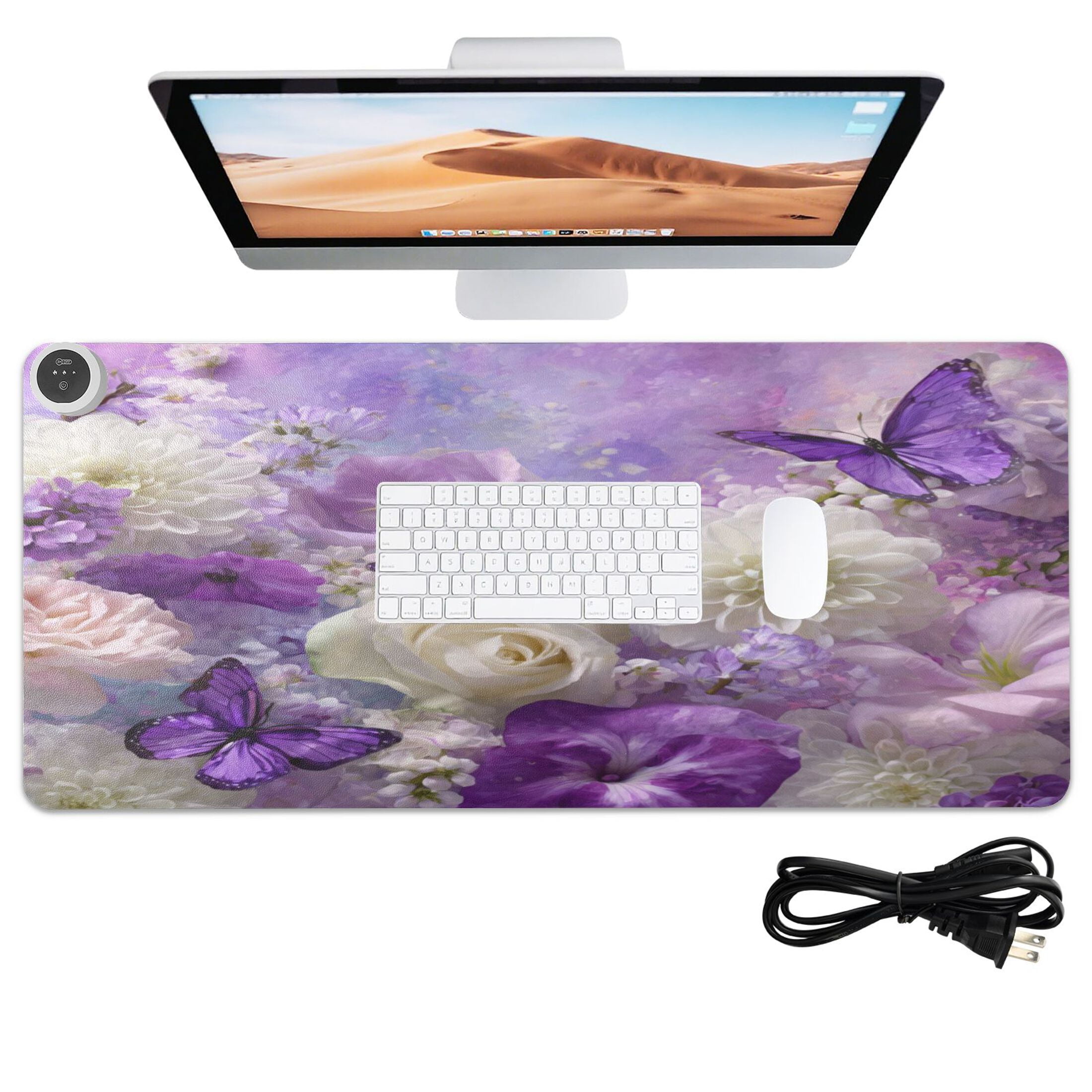 Wobogo Purple Butterfly Floral Heated Mouse Pad Extra-Large Desk Mat With 3 Heating Levels and 3-hour Auto Shut-Off Protection Ideal for Computer Keyboards Home Office Hand-warming Essential 31.5in ×
