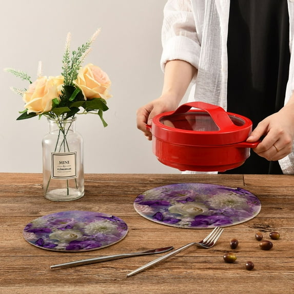 Wobogo Purple Butterfly Floral Trivets Potholders Set of 2 Cotton Woven Round Hot Plate Mats for Hot Dishes Bowls Teapots