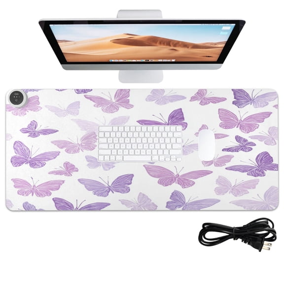 Wobogo Purple Butterfly Heated Mouse Pad Extra-Large Desk Mat With 3 Heating Levels and 3-hour Auto Shut-Off Protection Ideal for Computer Keyboards Home Office Hand-warming Essential 31.5in  13in