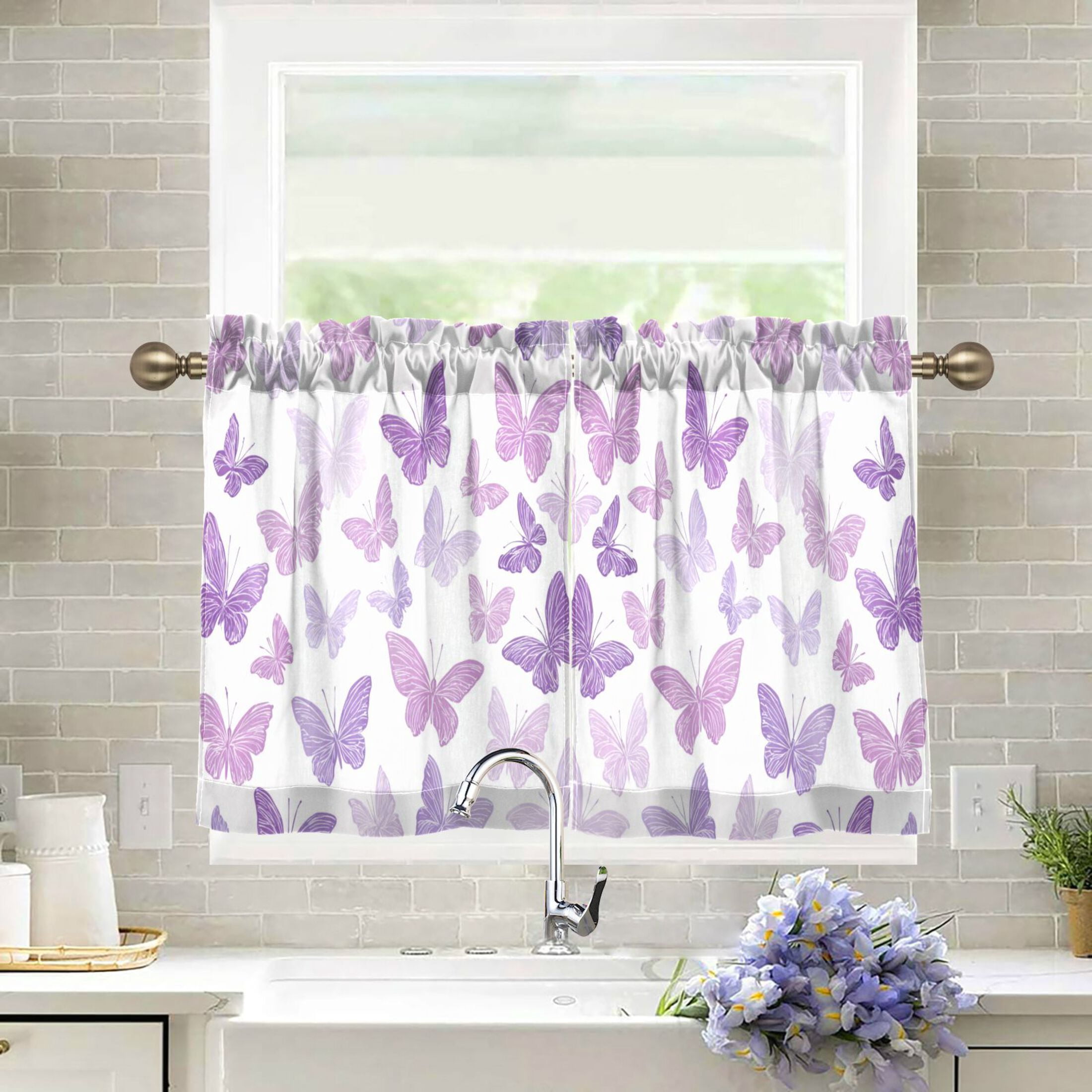 Wobogo Purple Butterfly Kitchen Curtains 2 Piece Set Farmhouse Country ...
