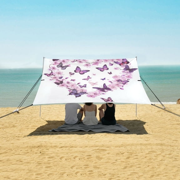 Wobogo Purple Butterfly Pink Floral Beach Tent Camping Sun Shelter 110 x 125in UPF50+ Outdoor Shade for Trips Fishing Picnics