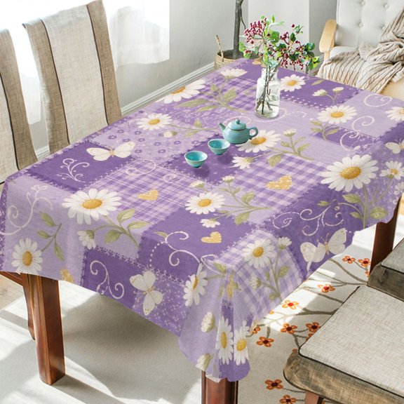 Wobogo Purple Daisy Patchwork Square Tablecloth 54×54in Polyester Fabric Tablecloth Washable Dust Protection Wrinkle Resistant