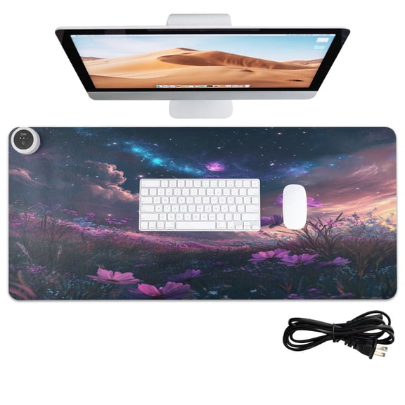 Wobogo Purple Flower Sea Heated Mouse Pad Extra-Large Desk Mat With 3 Heating Levels and 3-hour Auto Shut-Off Protection Ideal for Computer Keyboards Home Office Hand-warming Essential 31.5in  13in