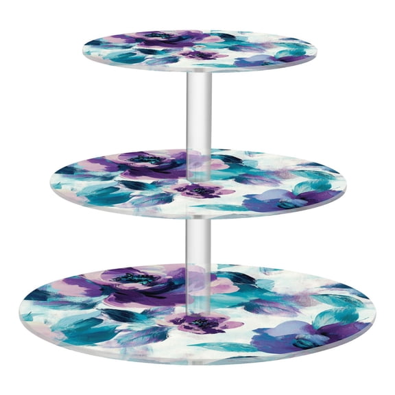 Wobogo Purple Green Flora 3 Tier Acrylic Cake Stand with Clear Round Hold for Wedding Holiday Birthday Baby Shower Tea Party