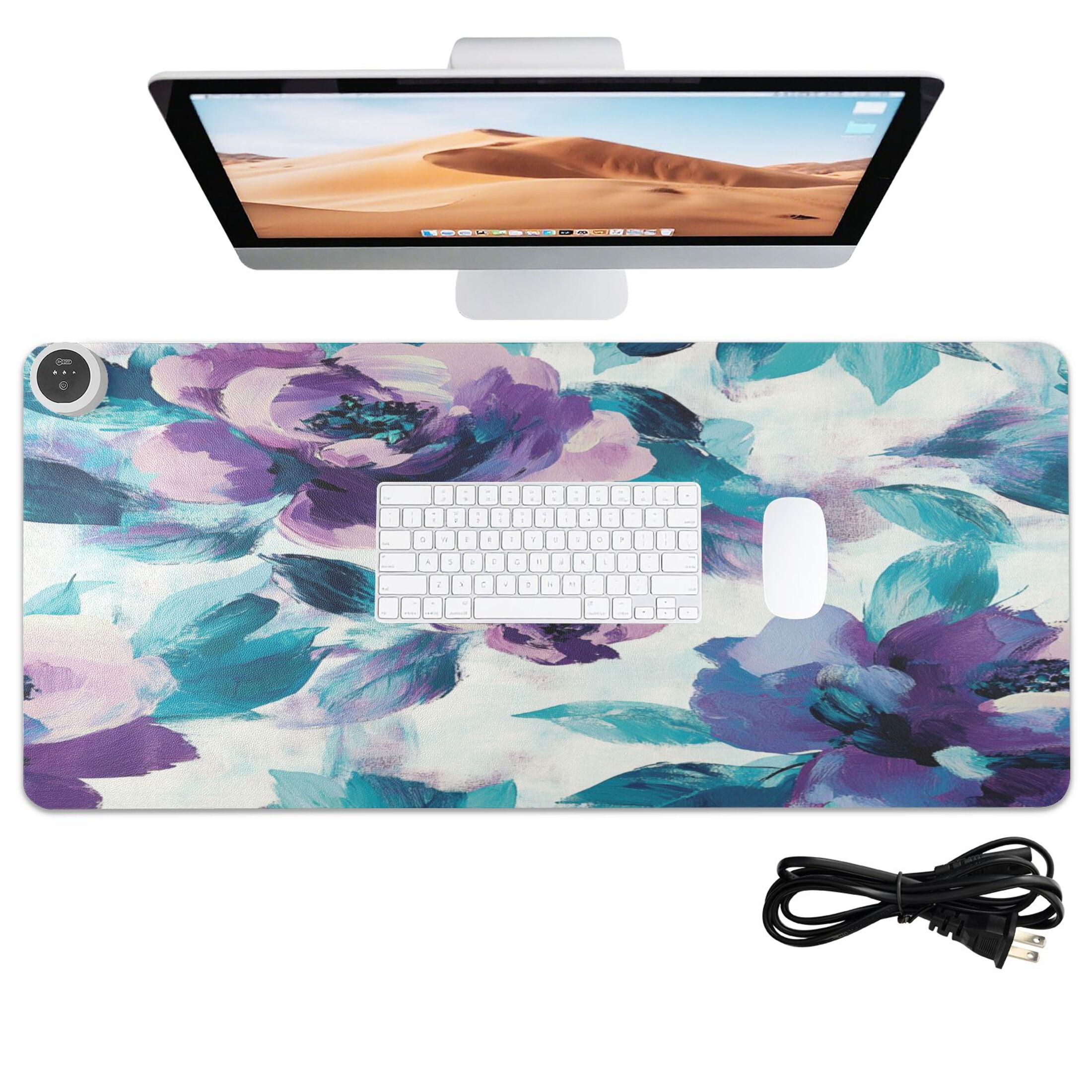 Wobogo Purple Green Flora Heated Mouse Pad Extra-Large Desk Mat With 3 Heating Levels and 3-hour Auto Shut-Off Protection Ideal for Computer Keyboards Home Office Hand-warming Essential 31.5in × 13in