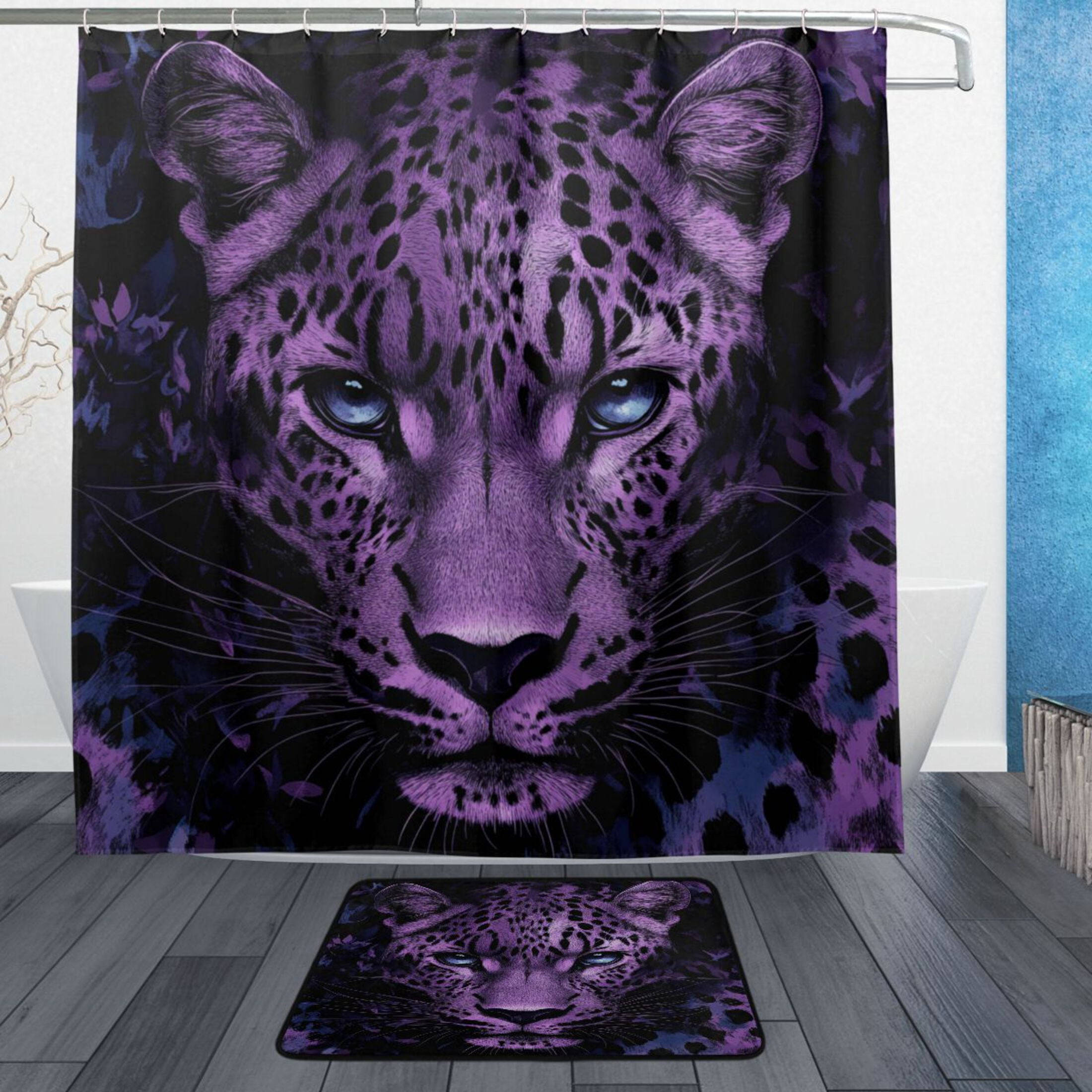 Wobogo Purple Leopard Bathroom Shower Curtain Set with Floor Mat and Hooks Ultra Waterproof Visible Slider Beads