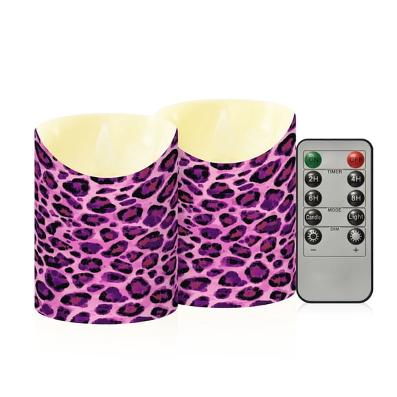 Wobogo Purple Leopard Print Flameless Candles with Remote Battery Operated Flickering LED Candles with Timer 2/4/6/8H Small Size