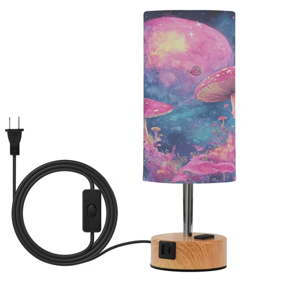 Wobogo Purple Mushroom Bedside Lamp Touch Control Table Lamp with USB A+C Charging Ports & AC Outlet 3-Way Dimmable Nightstand Lamp with Linen Fabric Shade for Bedroom Living Room