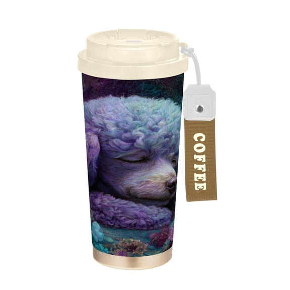 Wobogo Purple Poodle Double Drinking Coffee Cup Insulated Mug with Food-grade 316 Stainless Steel Beige Lid