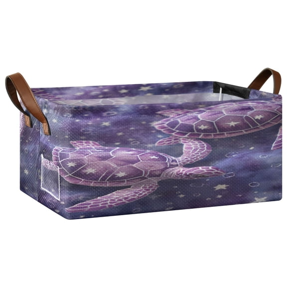 Wobogo Purple Sea Turtles Storage Basket Soccer Plaid Fabric Oversized Collapsible Hoard Box with Metal Iron Frame 16.9×11.4×7.7in