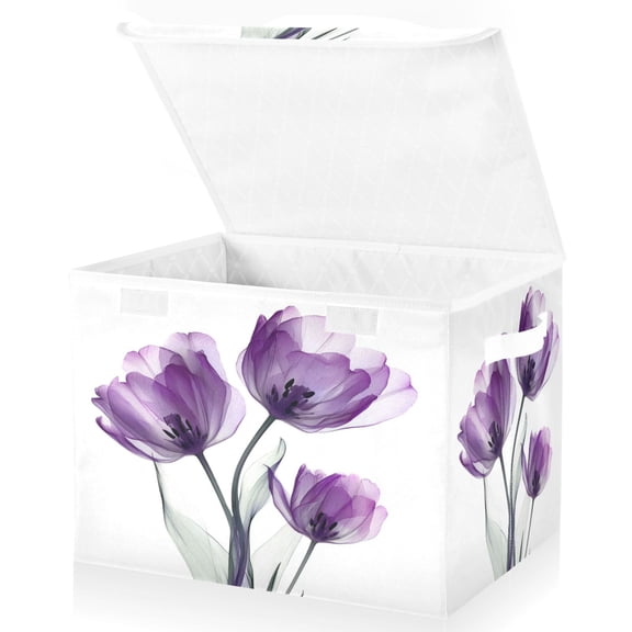 Wobogo Purple Tulips Large Collapsible Storage Box Flip Lid Fabric Decorative Organizer Container Basket with Handles 16.512.611.8in