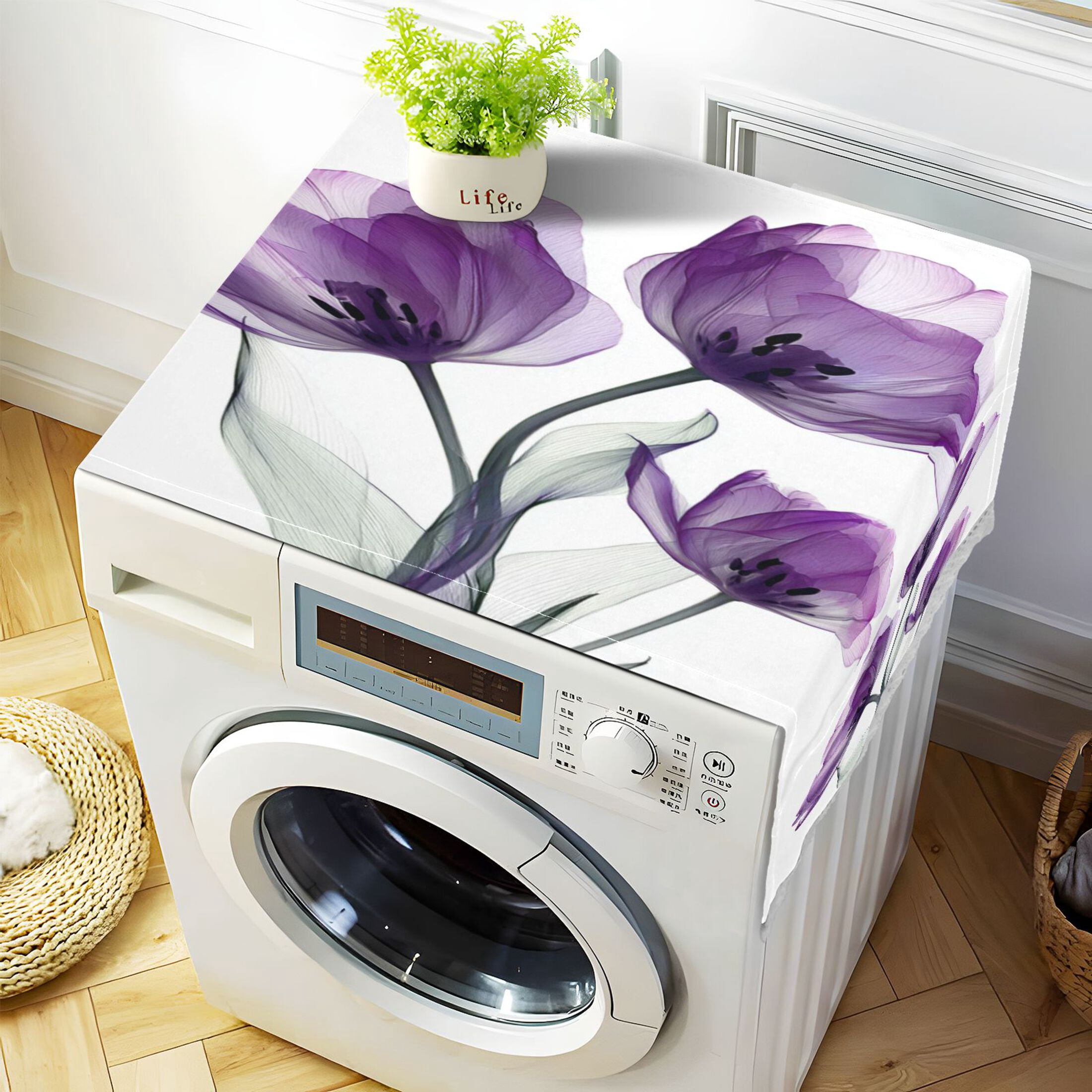 Wobogo Purple Tulips Washing Machine Cover Dustproof Washer Dryer Cover Waterproof Laundry Room Decorative Protector