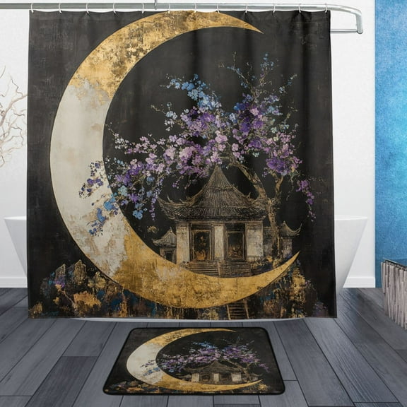 Wobogo Quaint Building Bathroom Shower Curtain Set with Floor Mat and Hooks Ultra Waterproof Visible Slider Beads