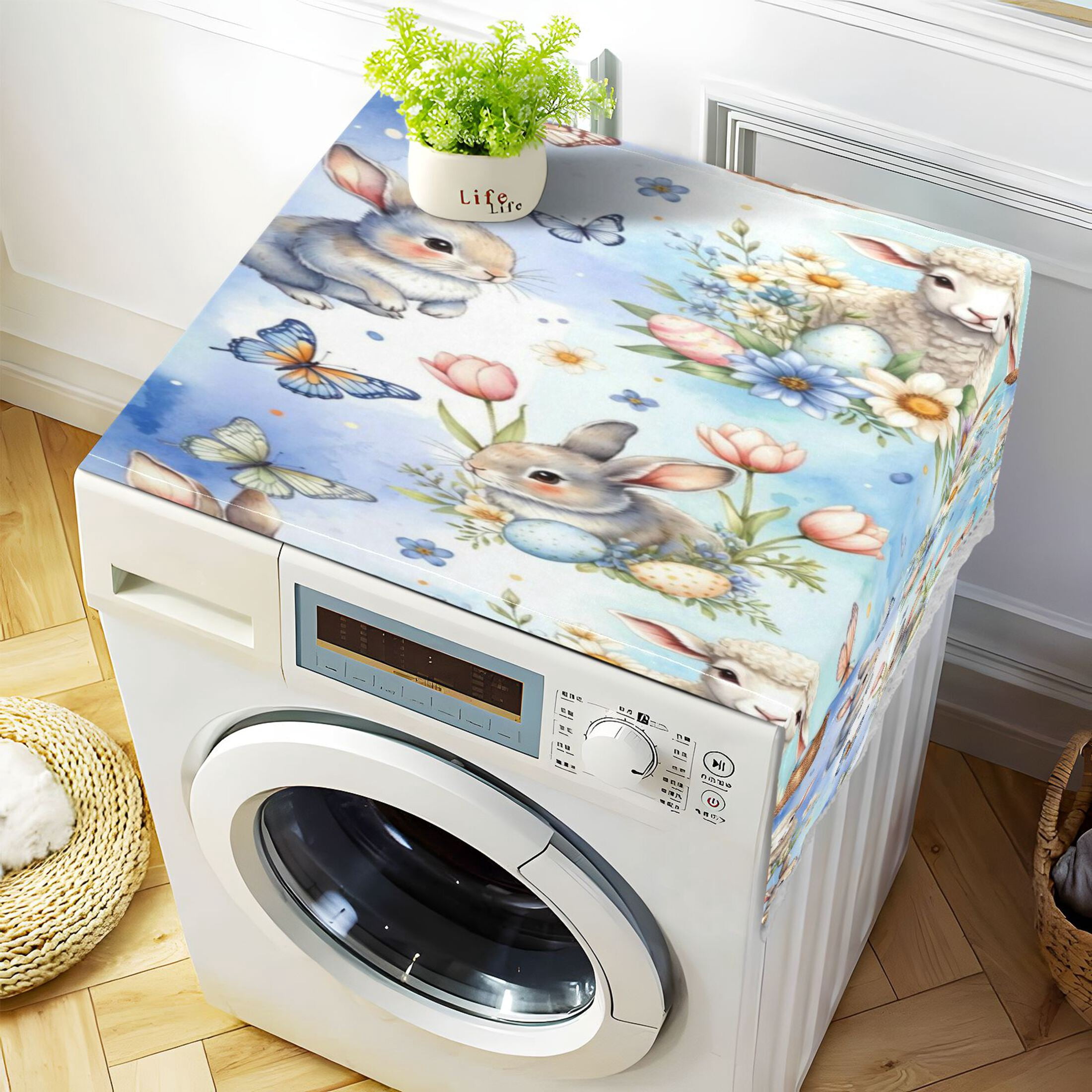 Wobogo Rabbit and Sheep Washing Machine Cover Dustproof Washer Dryer Cover Waterproof Laundry Room Decorative Protector