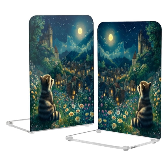 Wobogo Raccoon Journey Acrylic Bookends Clear L-Shaped Book Holder with Non-Slip Pads for Books Files Magazines CD DVD 5.4×4.1×8.1in