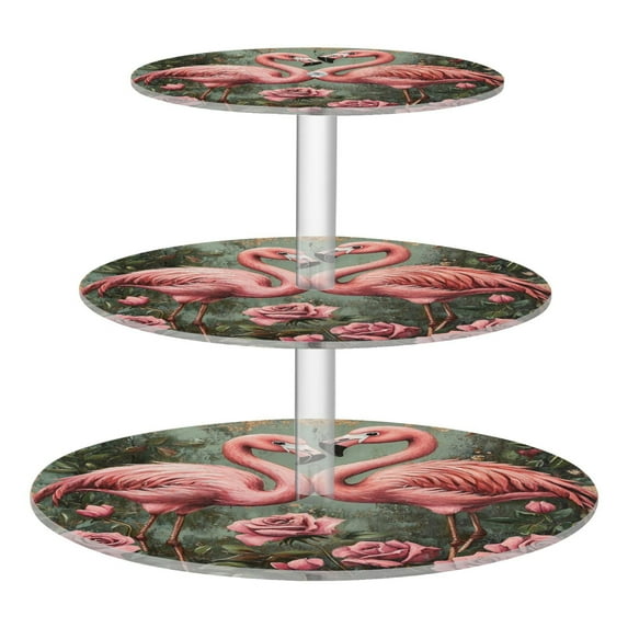 Wobogo Ragged Pink Flamingo 3 Tier Acrylic Cake Stand with Clear Round Hold for Wedding Holiday Birthday Baby Shower Tea Party