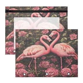 Wobogo Ragged Pink Flamingos A4 Size Clear Polyester File Pocket Set of 2 Zipper Home Work Office Organizer
