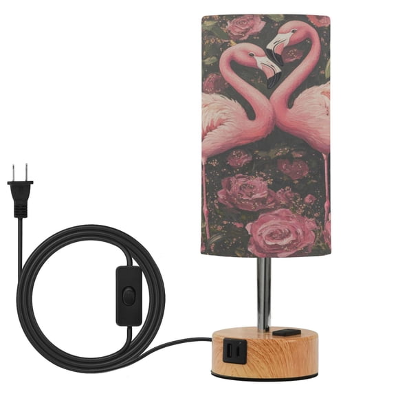Wobogo Ragged Pink Flamingos Bedside Lamp Touch Control Table Lamp with USB A+C Charging Ports & AC Outlet 3-Way Dimmable Nightstand Lamp with Linen Fabric Shade for Bedroom Living Room