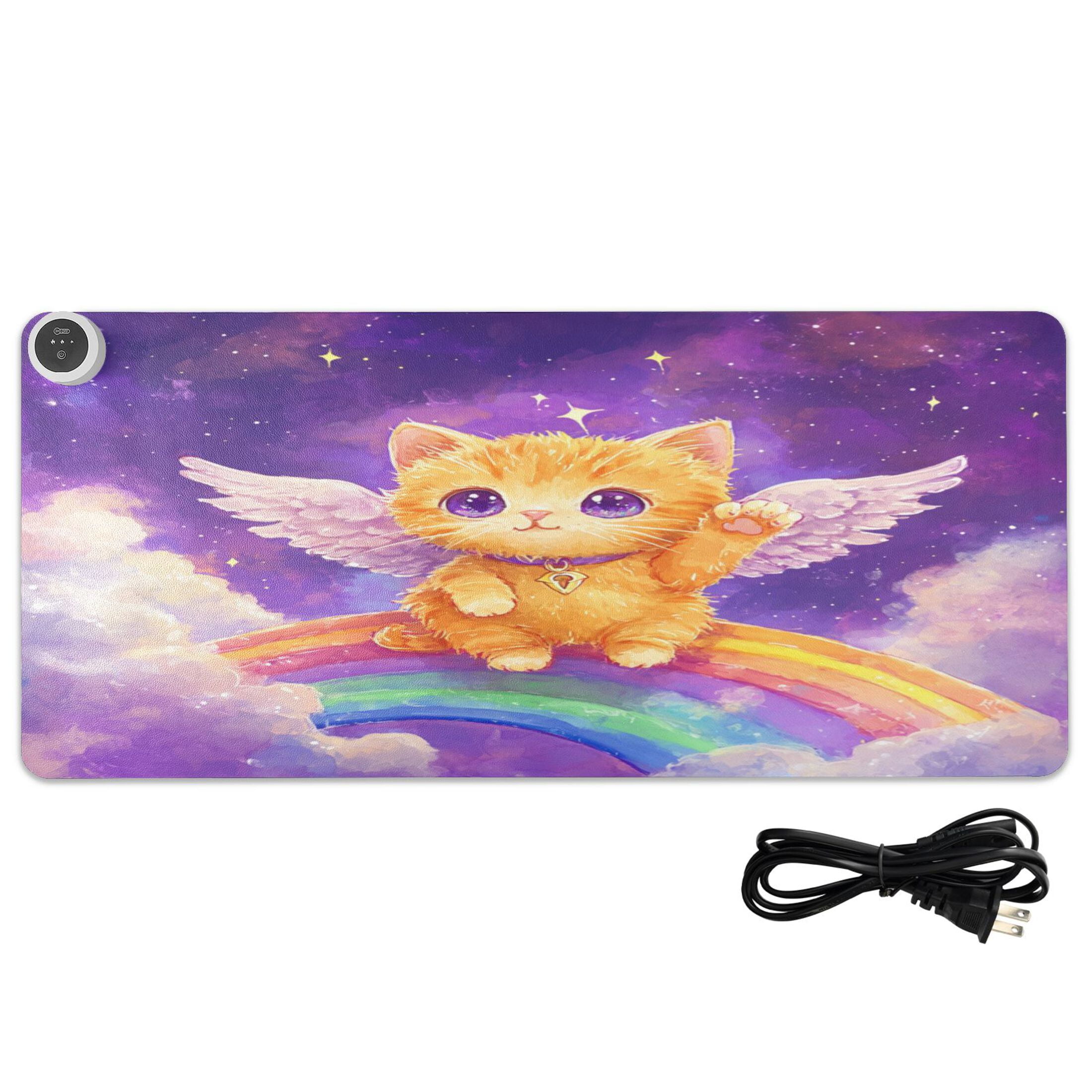 Wobogo Rainbow Angel Cat Heated Mouse Pad Extra-Large Desk Mat With 3 Heating Levels and 3-hour Auto Shut-Off Protection Ideal for Computer Keyboards Home Office Hand-warming Essential 31.5in × 13in
