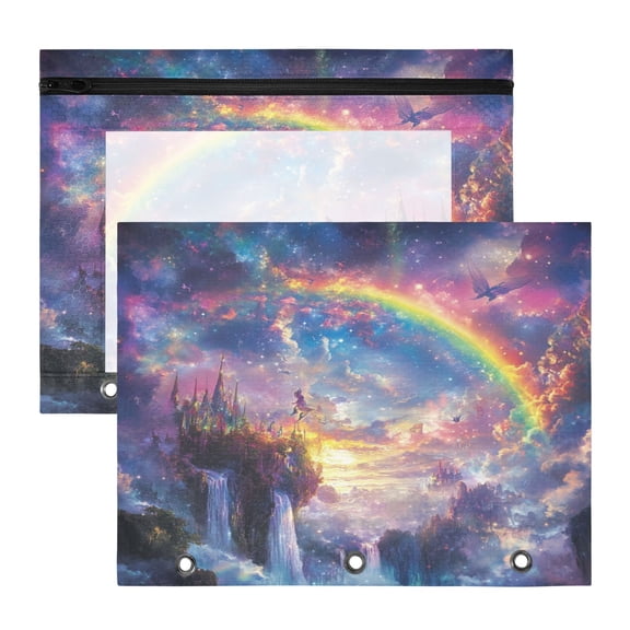 Wobogo Rainbow Fairyland A4 Size Clear Polyester File Pocket Set of 2 Zipper Home Work Office Organizer