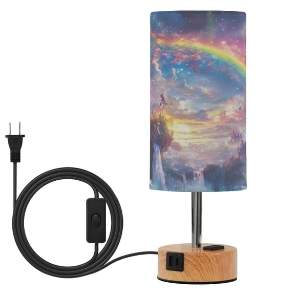 Wobogo Rainbow Fairyland Bedside Lamp Touch Control Table Lamp with USB A+C Charging Ports & AC Outlet 3-Way Dimmable Nightstand Lamp with Linen Fabric Shade for Bedroom Living Room