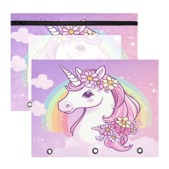 Wobogo Rainbow Pony A4 Size Clear Polyester File Pocket Set of 2 Zipper Home Work Office Organizer