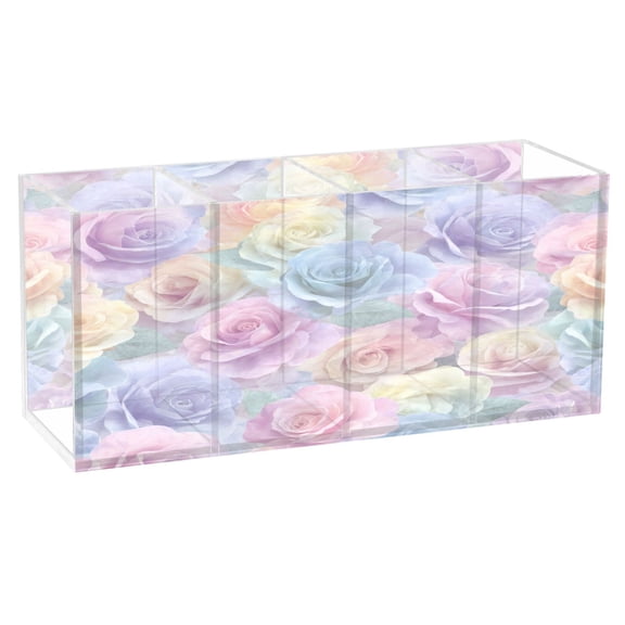 Wobogo Rainbow Rose Floral Acrylic Pen Holder 4 Compartments Clear Pencil Organizer Makeup Brush Storage Case