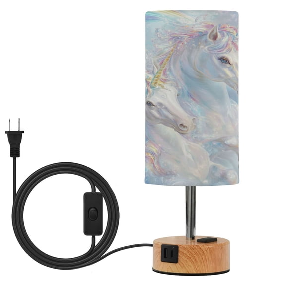 Wobogo Rainbow Unicorns Bedside Lamp Touch Control Table Lamp with USB A+C Charging Ports & AC Outlet 3-Way Dimmable Nightstand Lamp with Linen Fabric Shade for Bedroom Living Room