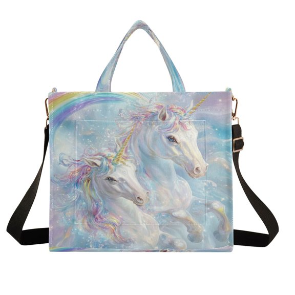 Wobogo Rainbow Unicorns Corduroy Tote Bag for Women Travel Crossbody Bag Purse Women Shoulder Bags Work Handbags Daily Commuter Bag 10.2×9inch