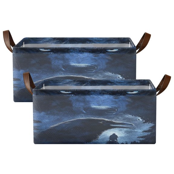 Wobogo Raven Wolf in The Moonlight Storage Basket Soccer Plaid Fabric Oversized Collapsible Hoard Box with Metal Iron Frame Two Piece Set 16.9×11.4×7.7in