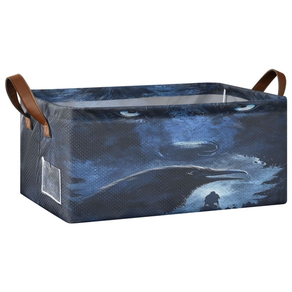 Wobogo Raven Wolf in The Moonlight Storage Basket Soccer Plaid Fabric Oversized Collapsible Hoard Box with Metal Iron Frame 16.9×11.4×7.7in