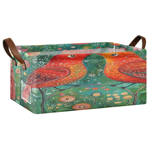Wobogo Red Bird Storage Basket Soccer Plaid Fabric Oversized Collapsible Hoard Box with Metal Iron Frame 16.9×11.4×7.7in