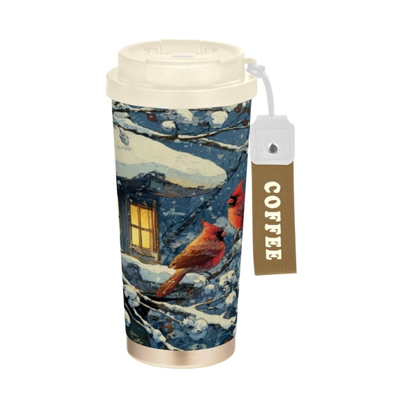 Wobogo Red Cardinals Double Drinking Coffee Cup Insulated Mug with Food-grade 316 Stainless Steel Beige Lid