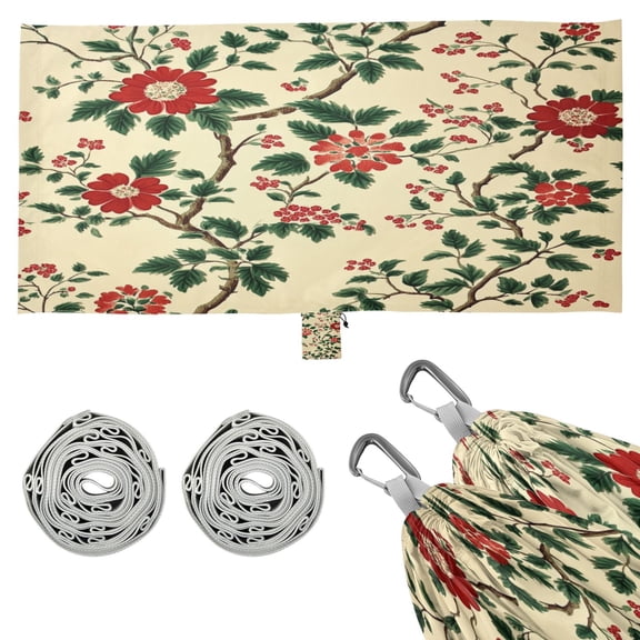 Wobogo Red Flowers and Green Leaves Pattern Camping Hammocks 330 lb Capacity with Tree Straps and Hanging Pockets for Outside Hiking Beach Backpack Travel
