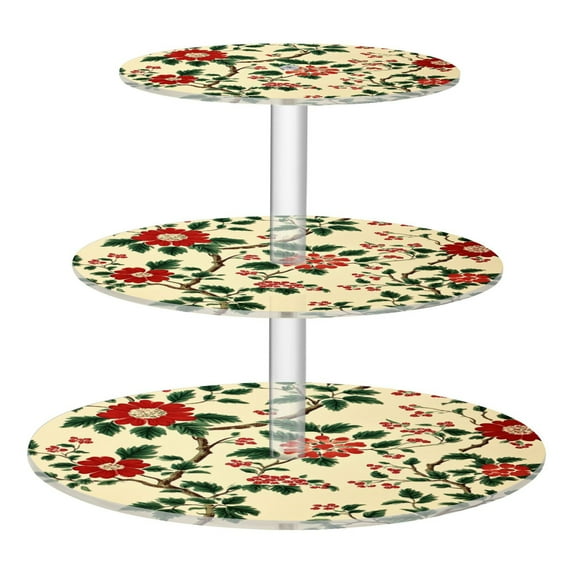 Wobogo Red Flowers and Green Leaves Pattern 3 Tier Acrylic Cake Stand with Clear Round Hold for Wedding Holiday Birthday Baby Shower Tea Party