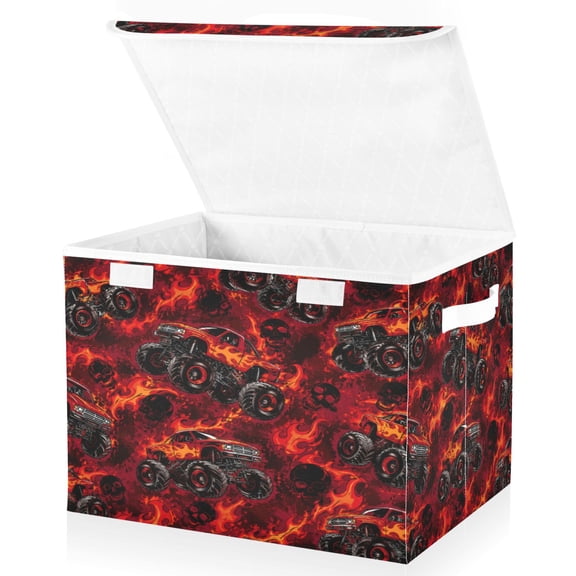 Wobogo Red Monster Truck Large Collapsible Storage Box Flip Lid Fabric Decorative Organizer Container Basket with Handles 16.512.611.8in