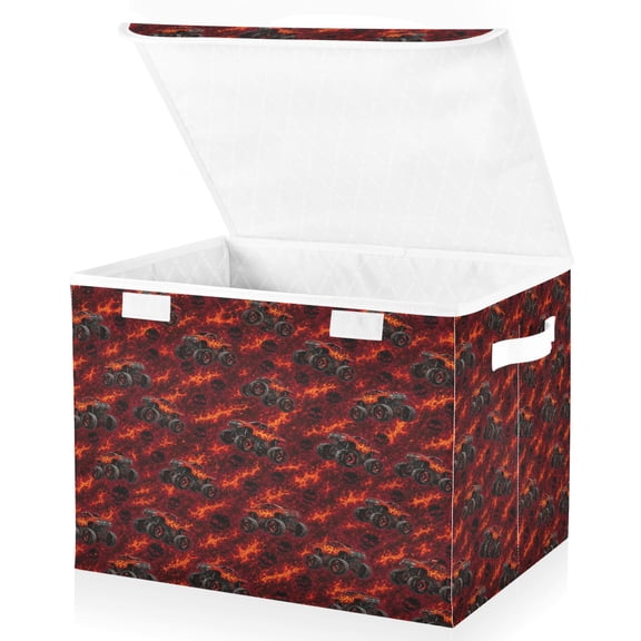 Wobogo Red Monster Truck Large Fabric Storage Box with Flip Lid, Collapsible Organizer Basket with Handles, 16.512.611.8 in